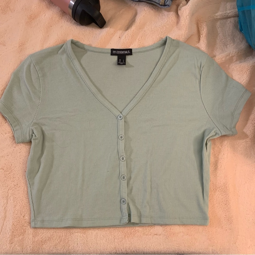 Streetwear Society Light Green Button-Up Crop Top